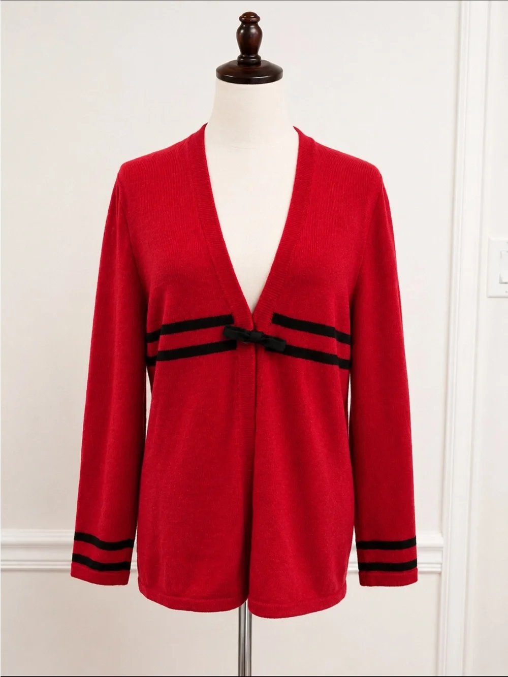 Vintage St. John SJ Knit Red & Black Stripe Bow Cardigan Sweater Size 10